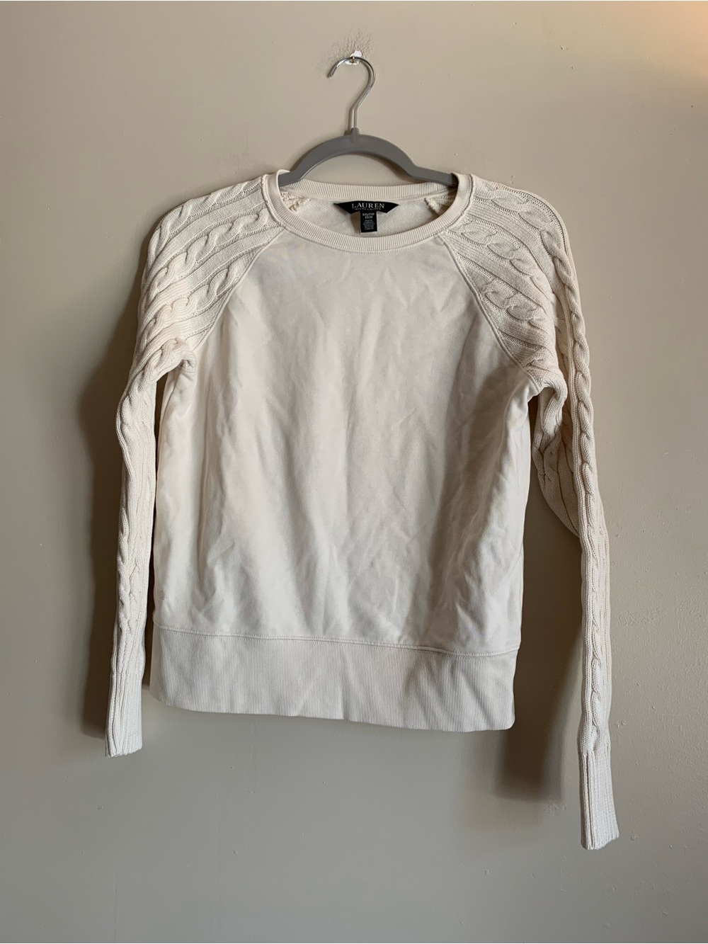 Lauren Ralph Lauren Black Label Ivory Cable Detail Sweatshirt Top Sweater Cotton
